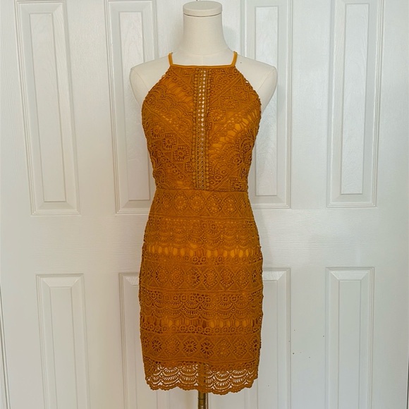 LUSH Yellow Crochet Lace Mini Dress, Small - Picture 3 of 8